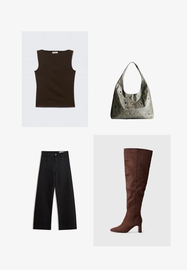 Brown sleeveless top made from a stretchy fabric. Features a round neckline and a fitted design with clean edges. Label reads "WEEKDAY."; Black wide-leg denim pants with a high waist, featuring front and back pockets, stitched seams, and a button closure. Smooth texture.; Brown knee-high boot made of soft suede-like material. Features a pointed toe and a stacked heel for stability. Smooth, matte finish.; Olive green leather handbag with a slouchy design, featuring various sized circular cutouts and accents in darker and lighter shades.