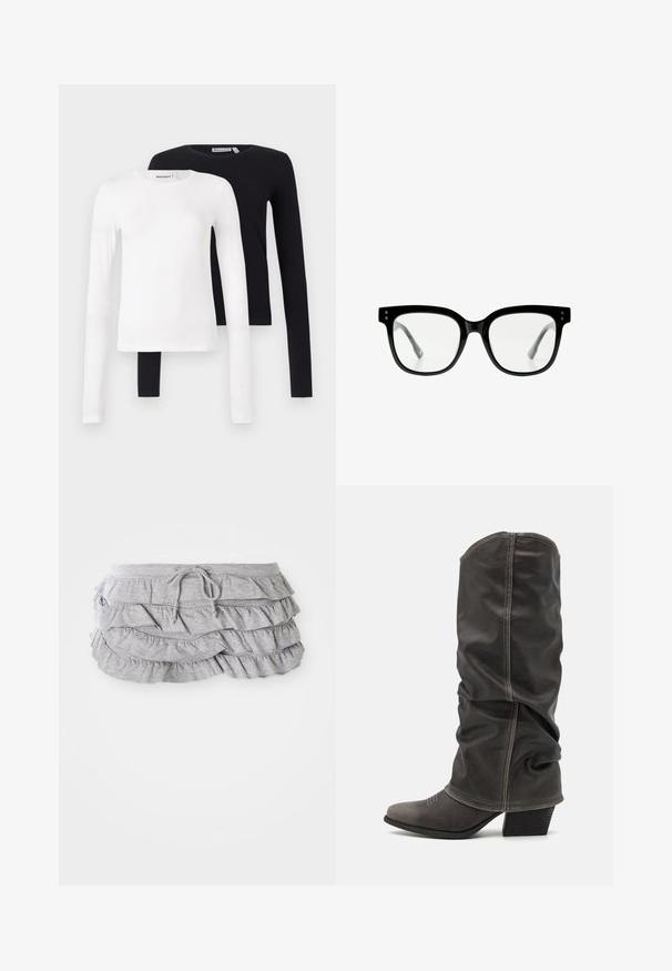 Két hosszúujjú póló fehér és fekete pamutból. Kerek nyakkivágással és passzos fazonnal rendelkezik. Egyszerű dizájn díszítések vagy minták nélkül.; Szürke fodros szoknya, réteges anyagtervezéssel, húzózsinóros derékrésszel, puha tapintással, precízen kidolgozott szélekkel és leomló fodrokkal.; Szürke bőr, térdig érő csizmák, amelyek laza kialakításúak, hegyes orrúak és tornácos sarkúak. Figyelemre méltó varrási részlet az orr részén.; Fekete műanyag szemüveg vastag, téglalap alakú kerettel. Tiszta lencsék, sima felület, és két kis fém elem az elülső oldalakon.