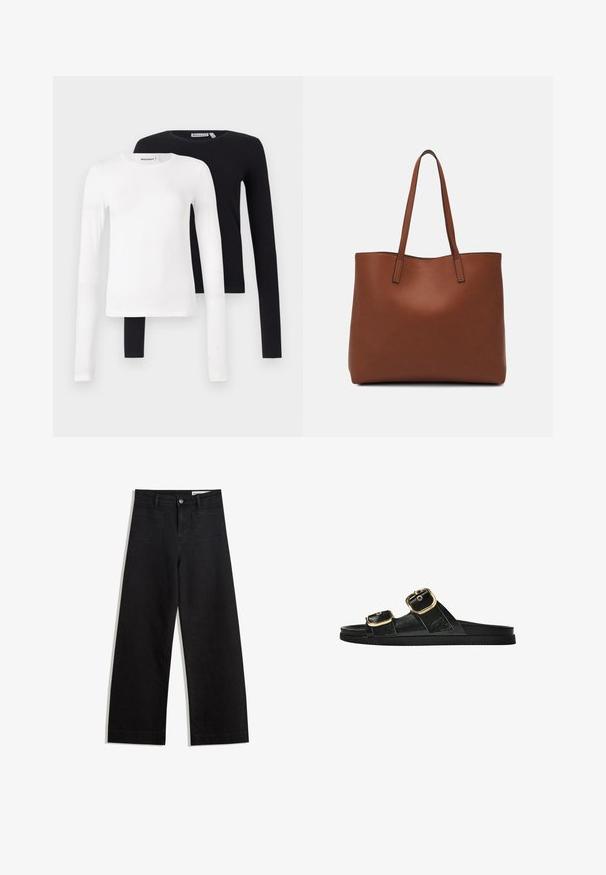 Kaksi pitkähihasta T-paitaa valkoisesta ja mustasta puuvillasta. Ominaisuuksiin kuuluu pyöreä kaula-aukko ja kapea istuvuus. Yksinkertainen muotoilu ilman koristeita tai kuvioita.; Mustat leveät farkut korkealla vyötäröllä, joissa on etu- ja takataskut, ommellut saumat ja nappisuljenta. Silkinoinen rakenne.; Musta liukusandaali, jossa on kaksi kultaisesta solkesta tehtyä korostusta, sileäpintainen materiaali, litteä pohja ja minimalistinen muotoilu.; Ruskea nahkainen olkalaukku, jossa on sileä pinta, avoin yläosa ja kaksi olkahihnaa. Omaavat vain minimaalisen ompelun eikä näkyvää metalliosaa.