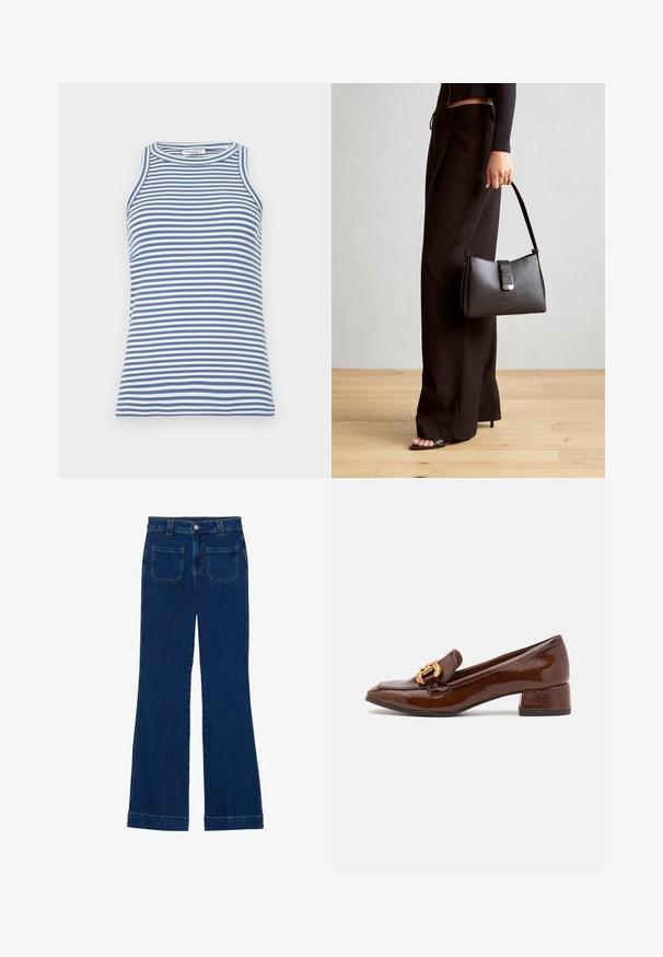 Mētelis bez piedurknēm ar zilu un baltu svītru rakstu, ribota tekstūra, apaļš kakla izgriezums, pieguļošs dizains ar gludu apdari un bez papildu rotājumiem.; Tumši zili džinsi ar izplestām kājām, gluda tekstūra, piecu kabatu dizains un pogu aizdare jostas vietā.; Brūni ādas mokasīni ar spīdīgu apdari, ar dekoratīvu zelta sprādzi priekšpusē un zemu blokveida papēdi. Klasisks dizains.; Melnā somiņa ar strukturētu formu, gludu tekstūru un metālu sprādzi. Saskaņota ar platām melnām biksēm un sandālēm ar atvērtu purngalu uz koka grīdas.