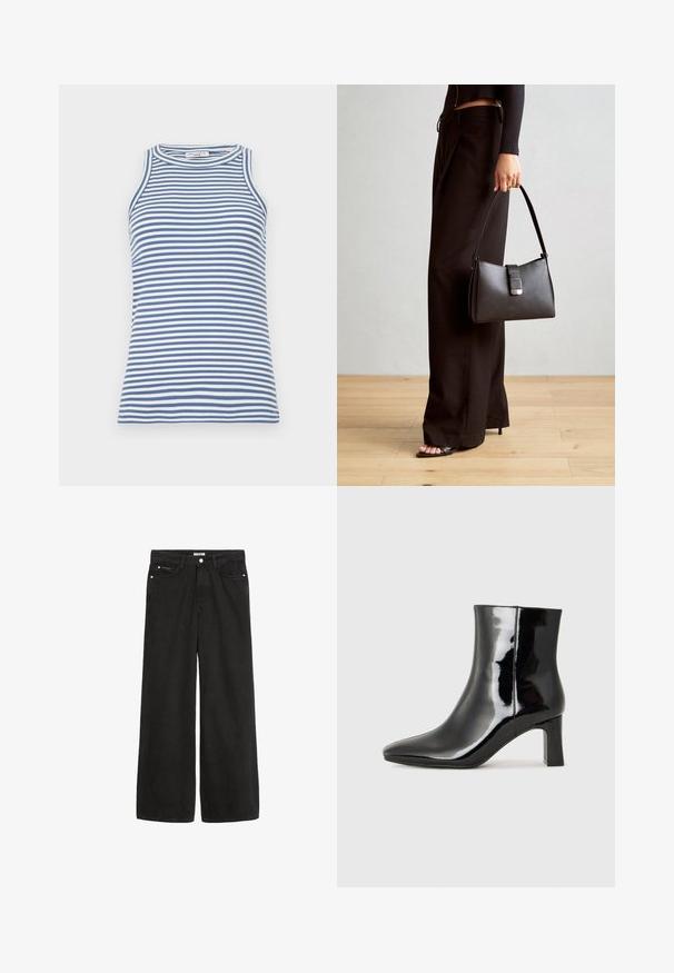 Majica bez rukava v modro-bele črte, rebrasta tekstura, okrogli izrez, zasnova slim fit, s gladkim zaključkom in brez dodatnih okraskov.; Široke črne denim hlače z visokim pasom. Imajo pet žepov, kovinske dodatke in čist zaključek. Njihova tekstura je gladka in mehka.; Črne lakirane gležnjarje z ošiljenim nosom in srednje visokim blokastim peto. Gladka tekstura in minimalističen dizajn.; Črna torbica z strukturirano obliko, gladko teksturo in kovinskim zaponko. Ujemajo se z širokimi črnimi hlačami in odprtimi sandali na lesenem tleh.