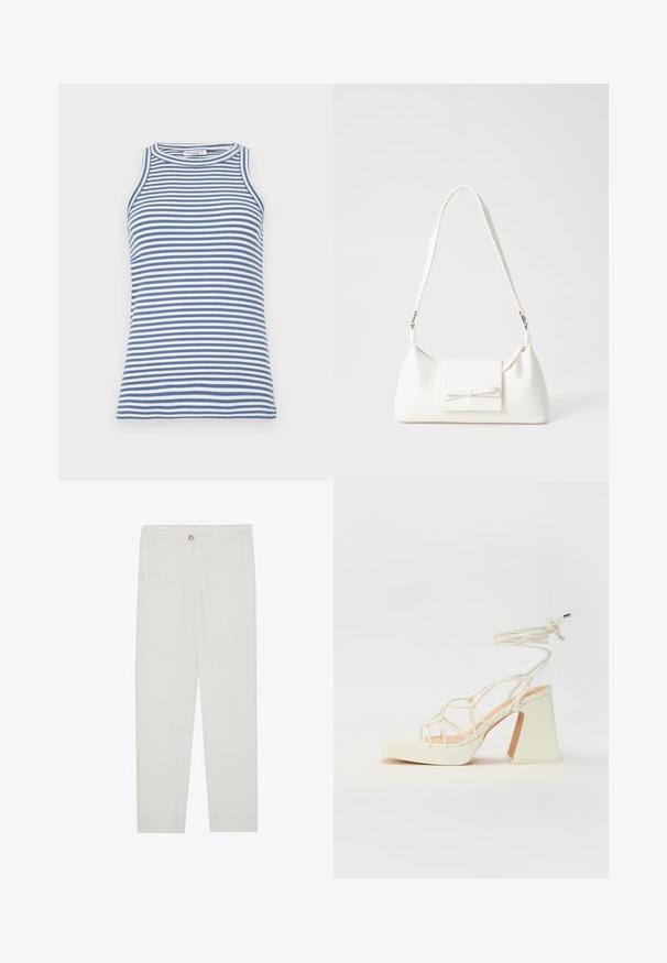 Väri vapaasti kankaasta valmistettu sinivalkoraitainen hihaton paita, ribbikuvio, pyöreä kaula-aukko, kapea malli, sileä pinta ilman lisäkoristeita.; Valkoiset, muotoon ommellut housut, joissa on suora lahjerakenne, napillinen sulkeminen, vyölenkit ja sivutaskut; sileä kangas.; Valkoinen korkokenkä, jossa on paksu korko, ja joka sisältää nauhakiinnityksen ja nilkkaketjun. Sujuva pinta, jossa on platform-etupohja lisäkorkeutta varten.; Valkoinen synteettinen käsilaukku, jossa on kolmikulmainen muoto, tasainen etu läppä ja nauhadetail, säädettävä olkahihna, sileä rakenne ja minimalinen muotoilu.