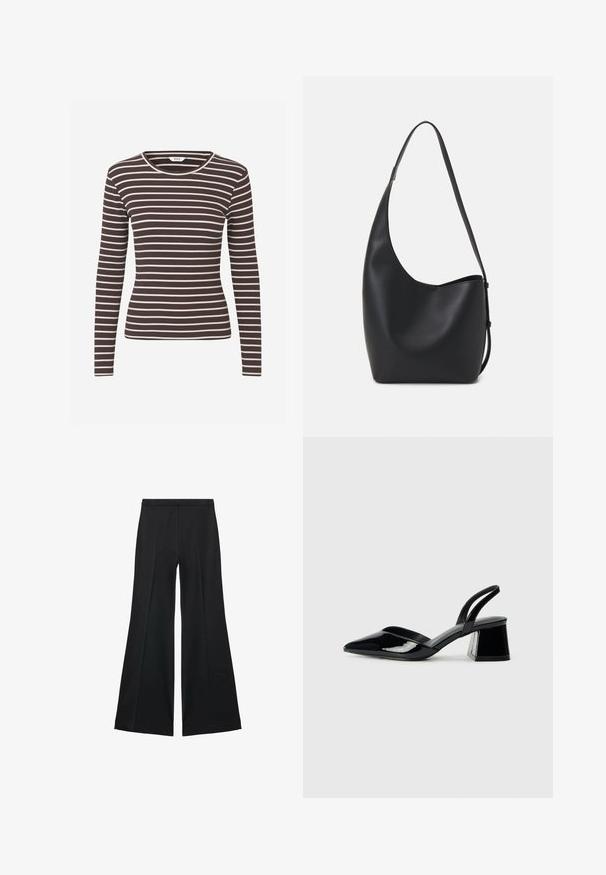 Bluza cu mâneci lungi, mulată, cu dungi orizontale maro și albe, și guler rotund.; Pantaloni negri cu croială largă, având o textură netedă, cu pliseuri frontale și un design croit. Materialul este ușor și fluid.; Pantofi cu toc slingback din piele lacuită neagră, cu vârf ascuțit și toc geometric. Prezintă un design elegant, minimalist și o textură netedă.; Geantă hobo din piele neagră, cu o textură netedă, formă curbată și un singur bretele ajustabil; are o deschidere largă în partea de sus.