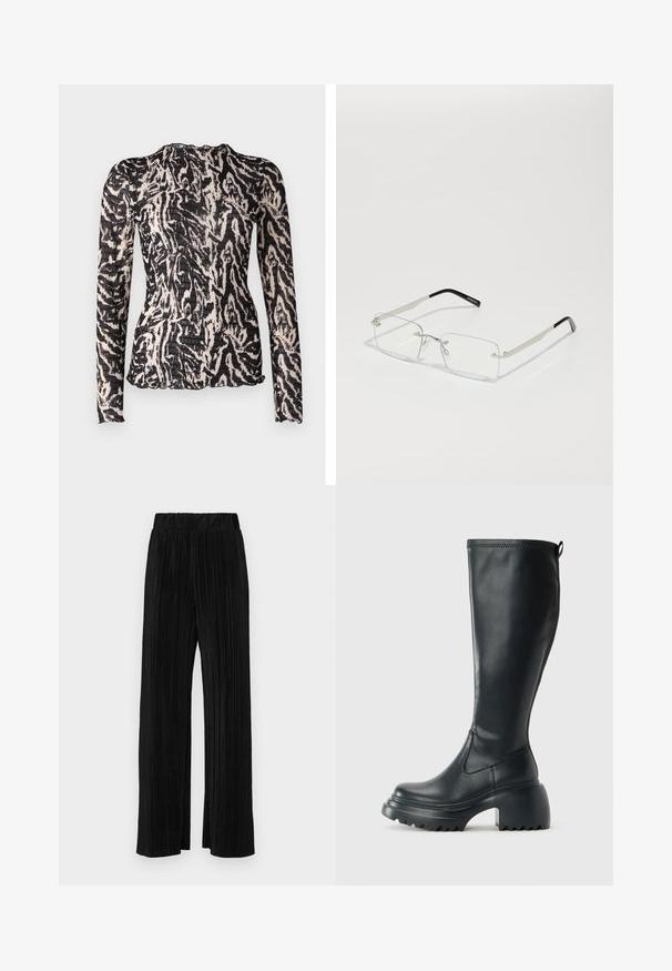 Hosszú ujjú felső fekete és krémszínű absztrakt mintával, textúrált anyagból készült, kerek nyakkivágással és ívelt hemvonalával.; Fekete pliszírozott nadrág gumis derekkal. Széles lábakkal rendelkezik, sima, texturált anyagból készült, függőleges csíkokkal.; Magas fekete bőrcipő, vastag platform talppal és blokk sarokkal, húzófüllel és texturált profillal az outsole-on.; Négyzet alakú, tiszta lencséjű szemüveg vékony ezüst fém kerettel és fekete acetát végződésekkel. Minimalista kialakítással, amely elegáns megjelenést biztosít.; Fekete bőr hobo táska sima textúrával, ívelt formával és egyetlen állítható pánttal; széles nyílás található a tetején.