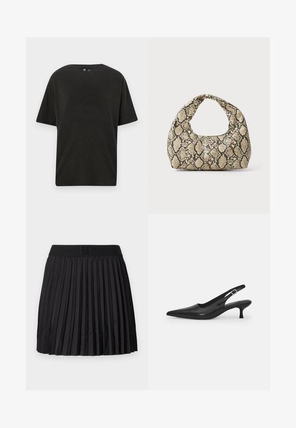Črna bombažna majica s kratkimi rokavi in okroglim ovratnikom, udobnega kroja. Ima gladko teksturo in minimalističen dizajn.; Črna nagubana krila z gladko teksturo, ki ima trden črn pas in odtisnjen logotip na sprednji strani.; Črne usnjene sandale z odprtim peto in konično oblikovanim prstom ter ozkim, ukrivljenim petnim delom. Imajo diskretno nastavljivo zaponko z kovinsko sponko.; Torba z vzorom kače s ukrivljenim ročajem. Narejena iz teksturiranih, bež in rjavih materialov, ki imajo značilen diamante vzorec.