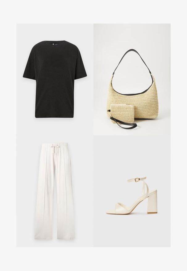 Black cotton t-shirt with a crew neck, short sleeves, and a relaxed fit. Features a smooth texture and minimalistic design.; Light beige sweatpants made of soft fabric, featuring a drawstring waist, wide legs, and vertical seams, with a smooth texture.; Cream-colored heeled sandals with an open toe, thick block heel, thin ankle strap, and subtle sheen finish. Buckle accent on strap.; Woven straw handbag with a curved silhouette, featuring a smooth black leather strap and a matching small pouch attached by a wrist strap.