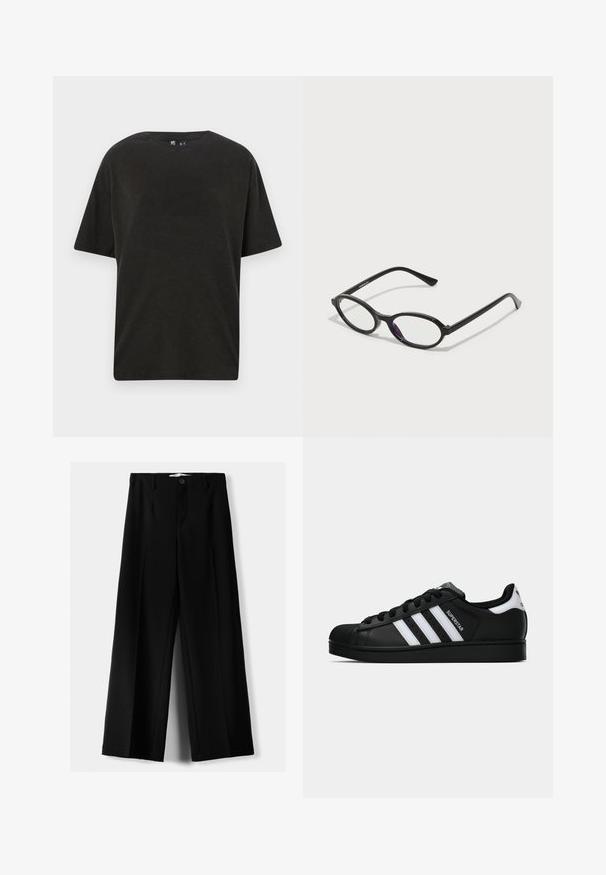Black cotton t-shirt with a crew neck, short sleeves, and a relaxed fit. Features a smooth texture and minimalistic design.; Black wide-leg trousers made of lightweight fabric, featuring a front button closure and flat front, with neatly stitched hems.; Black Adidas Superstar sneaker with white stripes, shell toe, and "Superstar" text on side, shown in side profile on white background.; Black oval-frame glasses with translucent purple accents on the lenses. Frames have a matte finish and slender, straight temples.