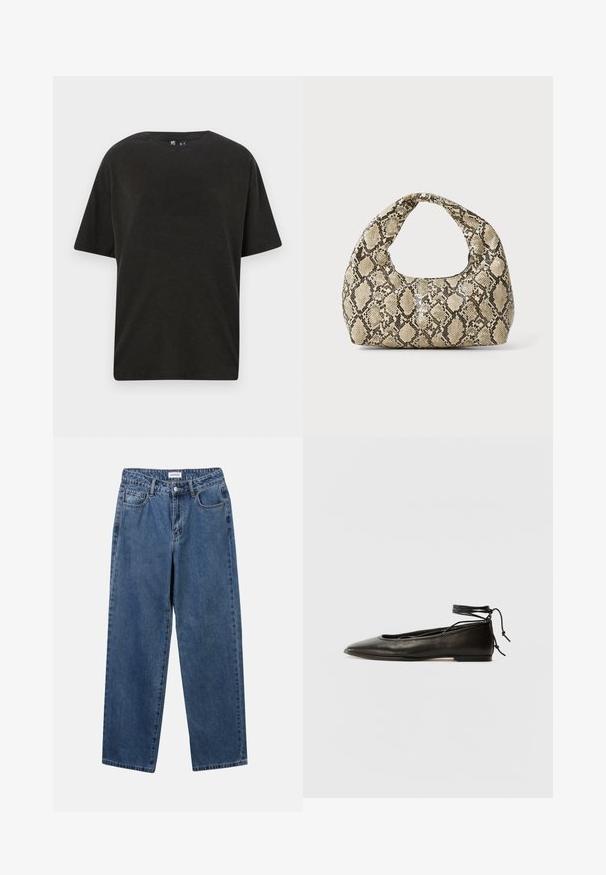 Tricou negru din bumbac cu guler rotund, mâneci scurte și o croială lejeră. Dispune de o textură netedă și un design minimalist.; Jeans clasice din denim albastru, cu un design drept, cinci buzunare și închidere cu nasture. Prezentând o spălare medie și o textură rezistentă.; Balerini din piele neagră, cu vârf ascuțit, șnur pentru glezna și talpă plată, având o textură netedă și un design minimalist.; Geantă cu imprimeu de șarpe, având un mâner curbat. Fabricată din materiale texturate, bej și maronii, cu un model distinctiv în formă de diamant.