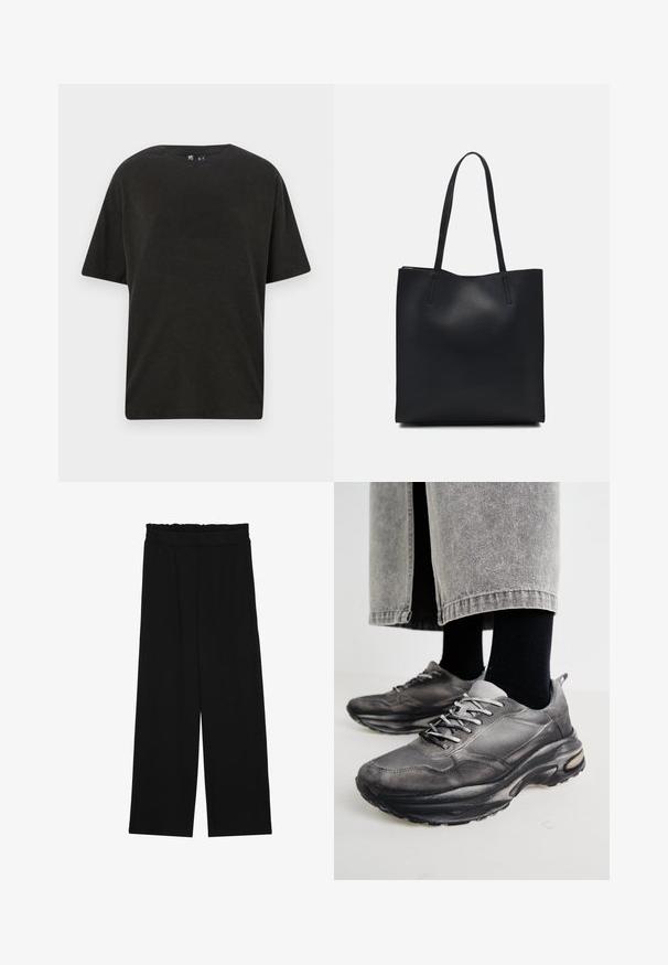 T-shirt in cotone nero con colletto rotondo, maniche corte e vestibilità rilassata. Presenta una texture liscia e un design minimalista.; Pantaloni neri a gamba larga con cintura arricciata, dotati di due tasche laterali e un tessuto liscio e leggero. Nessun motivo visibile o parti metalliche.; Le scarpe da ginnastica nere e grigie presentano una tomaia in rete, suole spesse e lacci. Hanno una punta arrotondata e un dettaglio di ammortizzazione visibile.; Borsa tote in pelle nera con texture liscia, forma rettangolare e due manici lunghi. Nessun hardware o decorazione visibile.