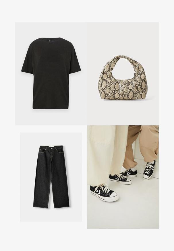 Schwarzes Baumwoll-T-Shirt mit Rundhalsausschnitt, kurzen Ärmeln und lockerer Passform. Verfügt über eine glatte Textur und ein minimalistisches Design.; Schwarze Jeans mit weitem Bein aus Denim, mit fünf Taschen, metallischem Knopf und Reißverschluss und kontrastierenden gelben Nähten entlang der Nähte.; Schwarze Segeltuch-Sneaker mit weißen Gummisohlen, verziert mit weißen Sternakzenten und schwarzen Schnürsenkeln, kombiniert mit hellbeigen und cremefarbenen Hosen.; Schlangenmuster-Tasche mit einem gebogenen Griff. Hergestellt aus strukturierten, beige- und braunfarbenen Materialien, die ein markantes Diamantmuster aufweisen.