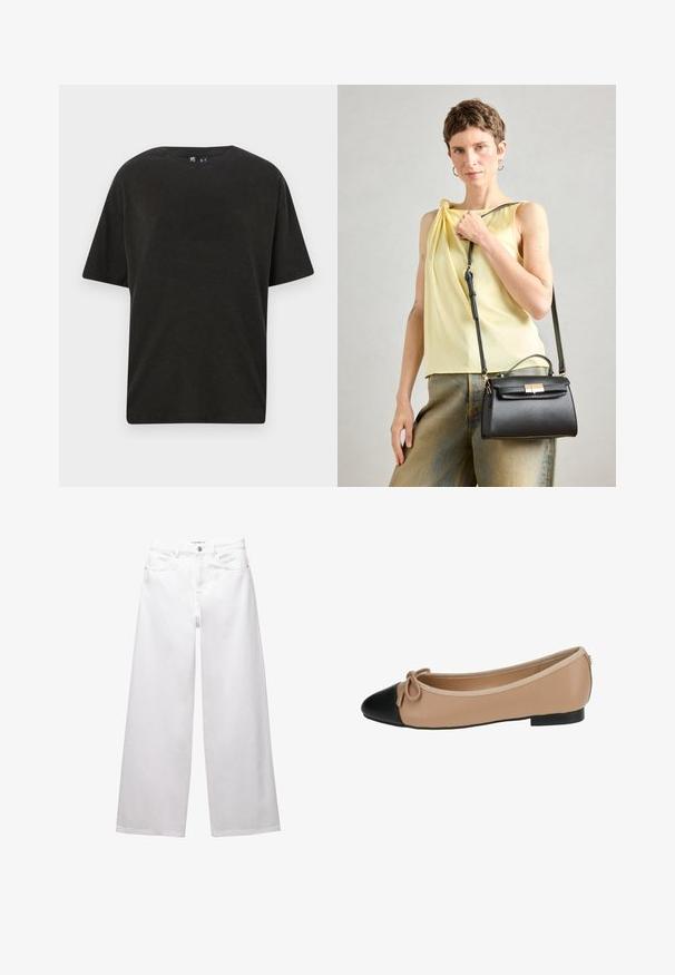 Czarna bawełniana koszulka z okrągłym dekoltem, krótkimi rękawami i luźnym krojem. Posiada gładką fakturę i minimalistyczny design.; Białe dżinsy w stylu wide-leg wykonane z denimu. Posiadają zapięcie na guzik, kieszenie z przodu i z tyłu oraz przeszycia. Gładka tekstura z minimalnymi detalami.; Baletki w beżowej skórze z czarnym noskiem. Posiadają detal w postaci kokardki z przodu oraz gładką fakturę. Niska sylwetka z gumową podeszwą.; Czarna skórzana torebka o strukturalnym designie, z górnym uchwytem i regulowanym paskiem. Gładka tekstura i szczegół z zapięciem ze złotego metalu.