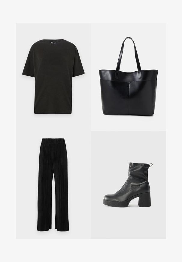 Black cotton t-shirt with a crew neck, short sleeves, and a relaxed fit. Features a smooth texture and minimalistic design.; Black pleated trousers with an elastic waistband. Features wide legs and a smooth, textured fabric with vertical stripes.; Black ankle boots made of smooth leather, featuring a side zipper, chunky textured heel, and rounded toe design.; Black leather tote bag with two long handles, a smooth texture, and a structured shape. Features a front pocket for additional storage.
