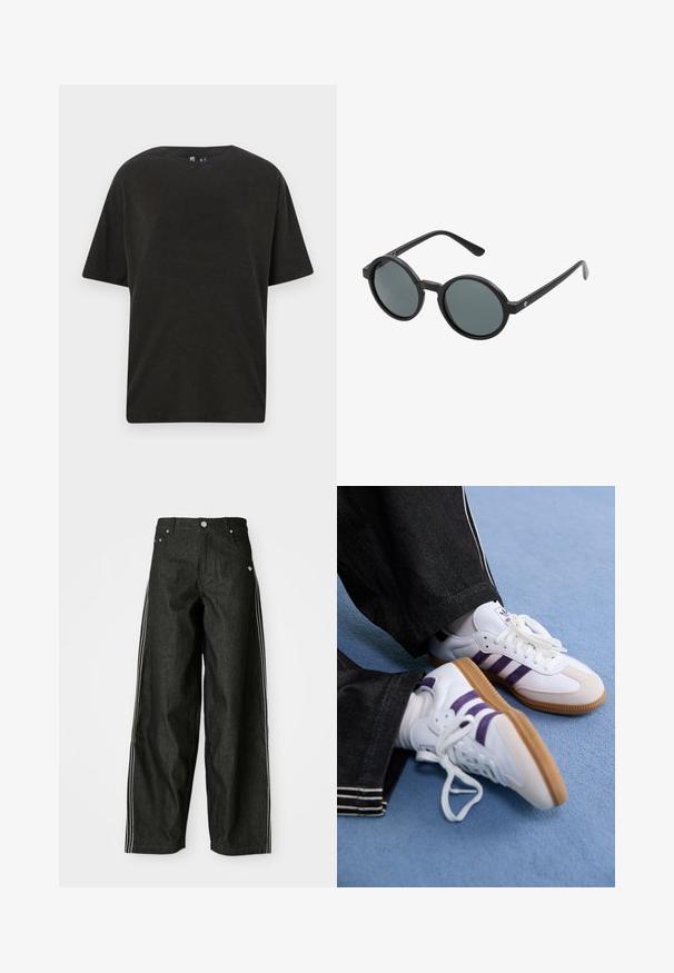 Zwarte katoenen t-shirt met een ronde hals, korte mouwen en een relaxed fit. Heeft een gladde textuur en een minimalistisch ontwerp.; Zwarte denim wijde broek met witte zijkanten, voorzien van voorzakken, een knoopsluiting en een subtiele logo nabij de tailleband.; Witte sportieve schoenen met paarse strepen en leren bruine rubberen zolen, met ronde veters en een gepolsterde kraag. Draagt men bij donkere spijkerbroeken.; Ronde zonnebril met een zwart plastic montuur en donkergrijze lenzen. Heeft dunne, rechte pootjes met minimalistische accenten.