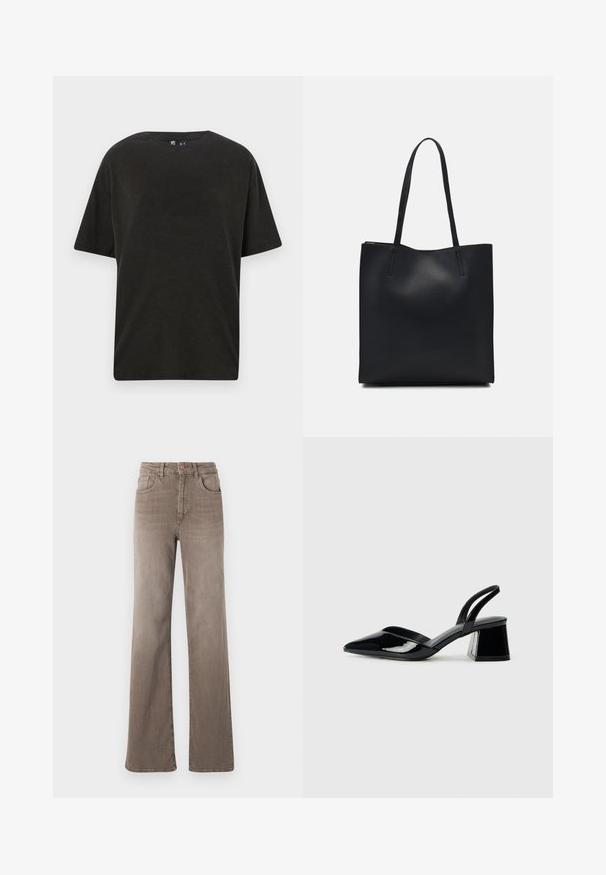 Black cotton t-shirt with a crew neck, short sleeves, and a relaxed fit. Features a smooth texture and minimalistic design.; Brown high-waist straight-leg jeans with front button, belt loops, and classic five-pocket design on a white background.; Black patent leather slingback heels with a pointed toe and a geometric block heel. Features a sleek, minimal design and smooth texture.; Black leather tote bag with smooth texture, rectangular shape, and two long handles. No visible hardware or embellishments.