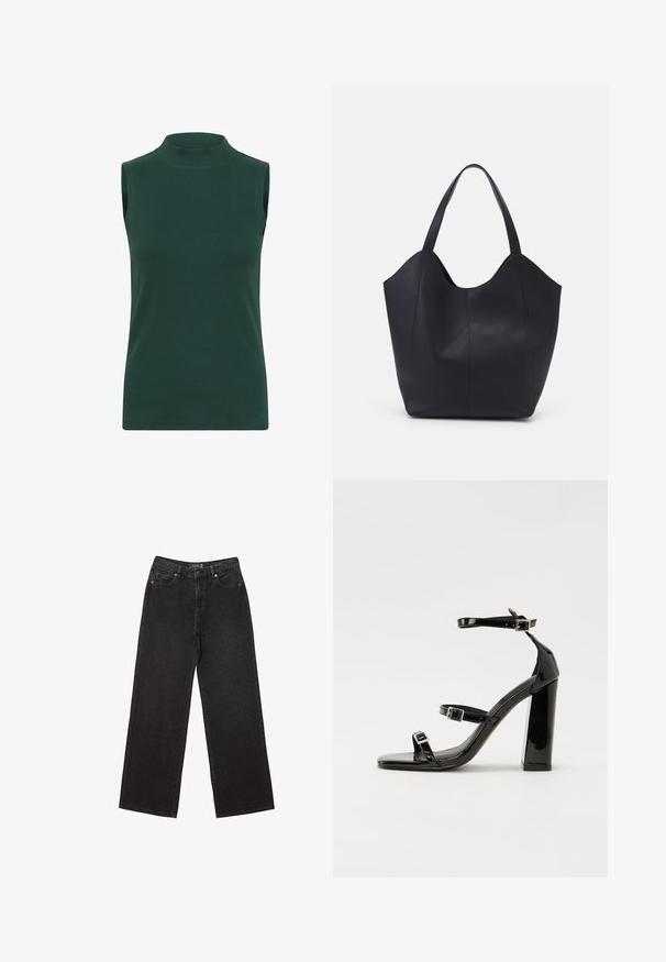 Ärmelloses Rollkragenoberteil aus geripptem Stoff in Dunkelgrün. Verfügt über einen hohen Kragen, eine glatte Textur und ein figurbetontes Design.; Schwarze weit geschnittene Jeans aus Denim, mit kleinen gepunkteten Mustern, klassischem Fünf-Taschen-Design und einem Knopf- und Reißverschluss.; Schwarze patentierte Sandalen mit Absatz, quadratischer Spitze, Knöchelriemen und silbernen Schnallen. Mit einem stabilen Blockabsatz für mehr Stabilität.; Schwarze Tote-Bag aus glattem Leder, mit einem abgerundeten, offenen Oberteil, zwei Schulterträgern und einem minimalistischen Design.