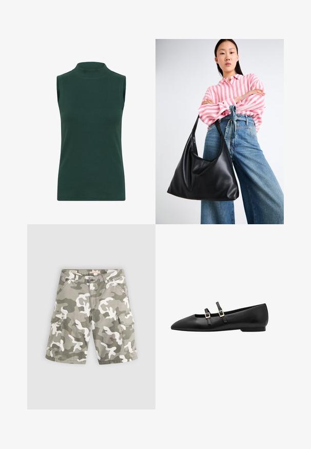 Sleeveless turtleneck top made of ribbed fabric in dark green. Features a high collar, smooth texture, and fitted design.; Levi's® BAGGY DAD CARGO SHORT - Denim shorts - bader camo agate gray; Black leather flat shoe with a pointed toe, featuring two black straps and gold square buckles. Smooth texture and low-profile sole.; Black leather shoulder bag with a slouchy shape and seam details. Model wears a pink and white striped shirt with wide-leg blue jeans.