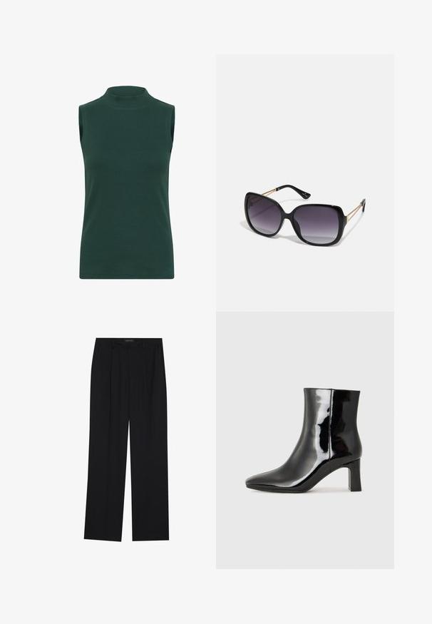 Beigalinė turtleneko tipo palaidinė, pagaminta iš veliūro medžiagos tamsiai žalia spalva. Palaidinė turi aukštą apykaklę, lygų paviršių ir prigludusį siluetą.; Juodos kelnes su tiesiomis sijonais, turinčios dvi priekinės kišenės ir juosmenį. Pagamintos iš lygios, lengvos medžiagos.; Juodos lakuotos odinės aulinukės su smailiu pirštu ir vidutinio aukščio blokuotu kulnu. Lygus paviršius ir minimalistinis dizainas.; Juodos didelės saulės akinių su pereinamais objektyvais, storomis rėmeliais ir auksinės spalvos grandinėmis ant šventyklų.; Juodas rankinė struktūrizuota forma, lygi tekstūra ir metalinis užsegimas. Suporuota su plačiomis juodomis kelnėmis ir atvirais bateliais ant medinių grindų.