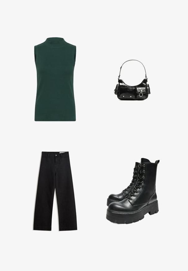 Ärmlös polotröja i ribbat tyg i mörkgrön färg. Har en hög krage, mjuk yta och figurnära passform.; Svarta vida denimbyxor med hög midja, med fram- och bakfickor, sydda sömmar och knappstängning. Slät textur.; Bershka TRACK - Platåstövletter - black; Svart lackläderhandväska med en rundad form, en axelrem, framfickor och detaljer i silverfärg.