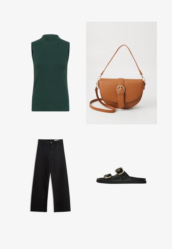 Sleeveless turtleneck top made of ribbed fabric in dark green. Features a high collar, smooth texture, and fitted design.; Black wide-leg denim pants with a high waist, featuring front and back pockets, stitched seams, and a button closure. Smooth texture.; Black slide sandal with two gold buckle accents, smooth textured material, flat sole, and a minimalist design.; Brown leather crossbody bag with a curved shape, gold hardware, and a buckle accent. Features a detachable shoulder strap.