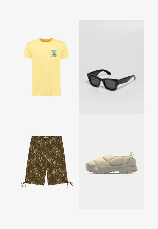 Shiwi Printtipaita - spring yellow; Shortsit, joissa on viidakkomalli vihreän ja ruskean sävyissä, kevyestä materiaalista valmistettu, sivutaskut ja säädettävät nauhat helman kohdalla.; Beige lämmikjede kingad halli Vibram tallaga, ümar kujuga ja tagumise silmaga. Omavad logo külgedel ja tekstuurset pealispinda.; Mustat aurinkolasit, joissa on kiiltävä pinta, suorakulmainen kehys, tummat linssit ja kultaiset logokoristeet pitoissa. Kaksi kultapistettä jokaisessa etukulmassa.