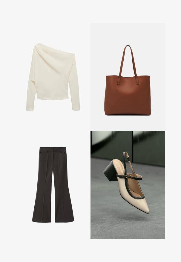 Top lung cu mâneci lungi de culoare crem, cu un design off-the-shoulder, realizat dintr-un material neted și moale, cu o siluetă cropped.; Pantaloni evazați negri, cu talie înaltă; au două buzunare frontale și o textură de stofă netedă. Potriviți pentru diverse ocazii.; Pantof divers în nuanță bej, cu vârf ascuțit, curea de susținere în spate, cu margine neagră, cataramă aurie și toc gros pe un podea gri, cu un fundal verde închis.; Geantă de umăr din piele maro cu o textură netedă, design cu vârf deschis și două curele pentru umăr. Prezintă cusături minime și fără componente metalice vizibile.