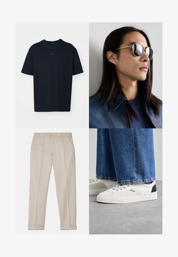 Juodas medvilnės marškinėliai trumpomis rankovėmis. Priekyje yra minimalistinis logotipas tamsesniu atspalviu. Klasikinis apvalios iškirptės dizainas.; Filippa K TERRY CROPPED TROUSERS - Kelnės - sage melange; Balti ir balti sportbačiai su lygaus odos paviršiumi, tekstūruotais akcentais ir masyviu baltu padu. Turi klasiką primenančią raištelių užsegimo sistemą.; Metaliniai akiniai nuo saulės su atspindinčiais lęšiais, turi aviacijos formą, sidabrinį rėmelį ir detalizavimą ant šventyklos. Dėvimi su mėlynu megztiniu ir švarku.
