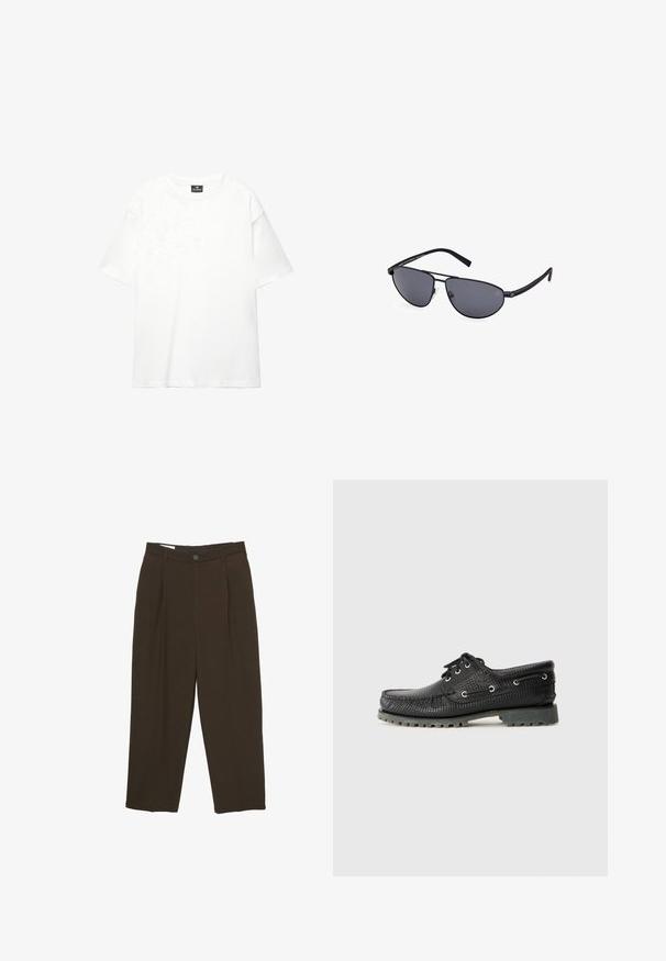 Witte oversized t-shirt gemaakt van zacht, soepel katoen; heeft korte mouwen, een ronde halslijn en een schoon, onversierd ontwerp.; Donkere bruine op maat gemaakte broeken met voorplooien, riemlussen en een knoopsluiting in de taille.; Zwarte, gestructureerde veterschoen met een ronde neus, metalen veterogen en een robuuste grijze rubberen zool. Heeft een geweven patroon op het bovenwerk.; Zwarte aviator zonnebrillen met grijze lenzen, dunne metalen monturen, gebogen vorm en siliconen neuspads voor comfort.