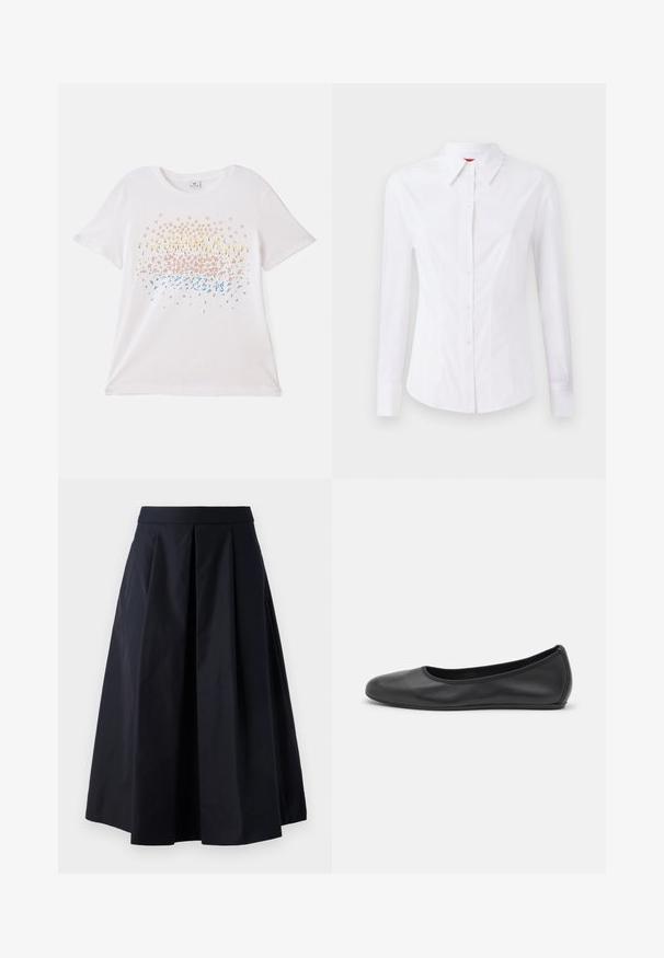Bílý, krátký rukáv tričko s barevnými květinovými potisky v žluté, růžové a modré barvě. Měkký bavlněný materiál s volným střihem.; Bílé dlouhé rukávy košile s špičatým límcem, předním zapínáním na knoflíky a přiléhavým střihem. Hladká bavlněná tkanina s jemnými detaily šití.; Černá áčková sukně vyrobená z hladkého materiálu, obsahující sklady a široký pas. Sukně sahá těsně nad kotníky.; Černé kožené baletní byty s kulatou špičkou, hladkou texturou, minimálními švy a flexibilním designem podrážky.