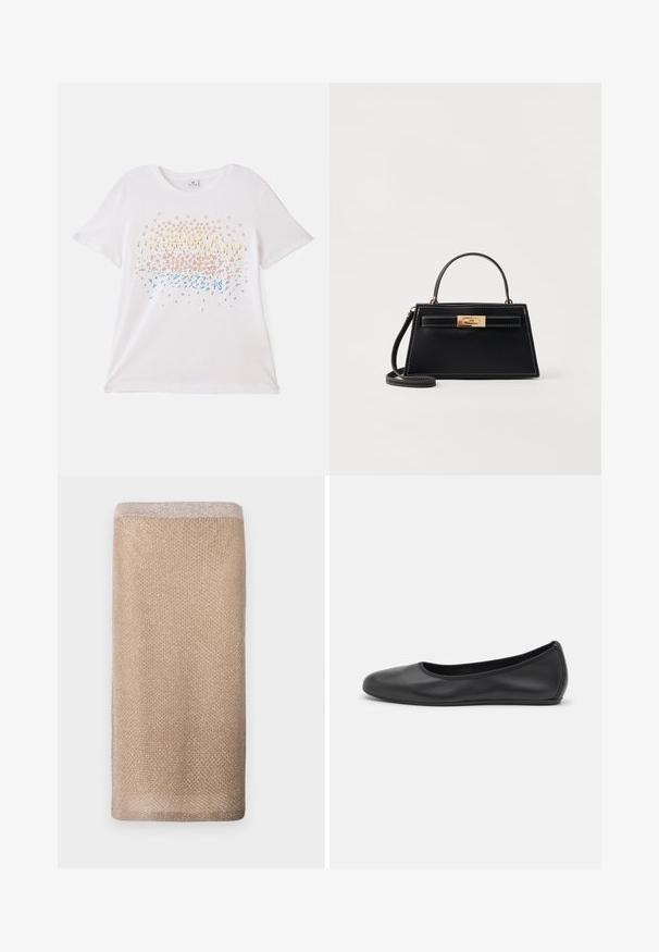 Hvid, kortærmet t-shirt med farverige blomsterprints i gul, pink og blå. Blødt bomuldsstof med en afslappet pasform.; Beige strikket tørklæde med en subtil glans, tekstureret overflade og en lysere farvet kant øverst. Firkantet form.; Sort læderballetsko med rund tå, glat tekstur, minimal syning og et fleksibelt såldesign.; Sort læderhandtaske med en struktureret trapezform, guldfarvet spænde og kontrastfarvet hvid syning. Inkluderer et kort håndtag og en lang rem.