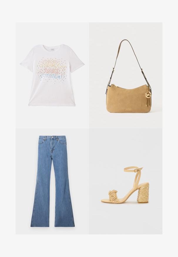 Balta, trumpa rankovė t-shirtą su spalvingais gėlių raštais geltonos, rožinės ir mėlynos spalvų. Minkšta medvilnė, laisvas siluetas.; Šviesiai mėlynos džinsinės platėjančios kelnės su aukštu liemeniu, turinčios klasikinį penkių kišenių dizainą ir kontrastingą siuvimo liniją palei siūles.; Bežiniai aukšti kulniukai su pintu tekstūra, puošiami dekoratyvine gėle ir kulkšnies dirželiu. Kvadratinis kulnas suteikia stabilumo.; Smėlio spalvos zomšinė petinė rankinė su kreivomis formomis, auksinio tono detalėmis ir užtrauktuku. Pridedamas žavesys su inicialais "MK."