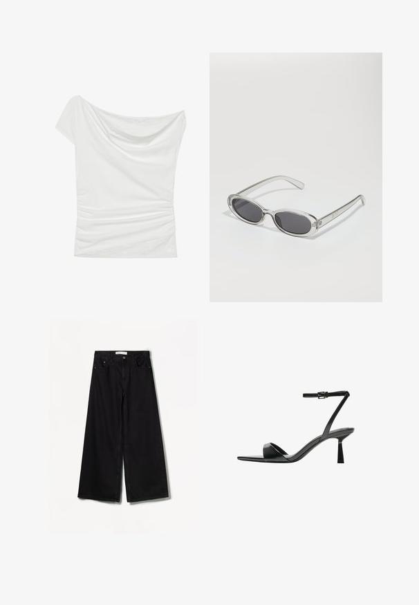 Fehér, vállfát eltakáró felső, puha anyagból készült, lágy nyakkivágással és ráncolt oldali részlettel,ami texturált csipke díszítéssel van ellátva az alján.; Bershka WIDE-LEG - Széles szárú - black; Bershka Magas sarkú szandálok - black; Ovális formájú napszemüveg, átlátszó műanyag keret, sötétszürke lencsék és vékony, átlátszó szárak, logóakkcentussal és minimális díszítéssel.; Fekete lakkbőr kézitáska ívelt formával, egy vállpánttal, elülső zsebekkel és ezüstszínű fémrészletekkel.