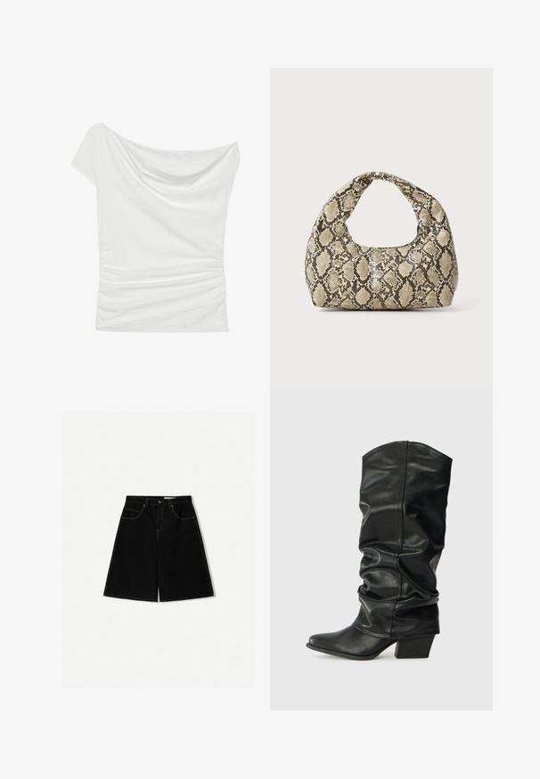 Bijela off-shoulder majica izrađena od mekog materijala, s drapiranim dekolteom i naboranim detaljem sa strane, te teksturiranim čipkastim akcentom na rubu.; Crne traper kratke hlače s slobodnim krojem, koje imaju pet džepova, žute šavove i dizajn struka srednje visine.; Crne kožne čizme do koljena s opuštenim dizajnom, šiljastim vrhom i debelim potplatom, s glatkom teksturom i minimalnim šavovima.; Torba s uzorkom zmije s zakrivljenom drškom. Izrađena od teksturiranih materijala u bež i smešnim tonovima, sa karakterističnim dijamantnim uzorkom.