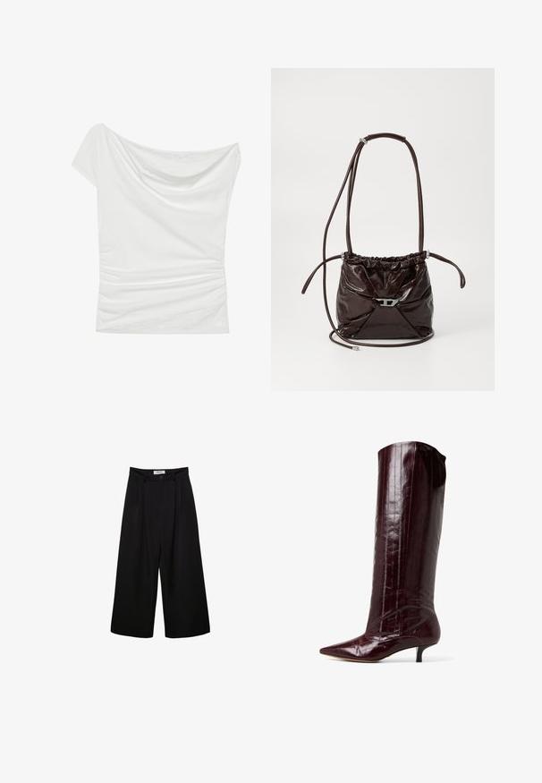 Biała bluzka bez ramiączek wykonana z miękkiego materiału, z drapowanym dekoltem i marszczonym detalem po bokach, z koronkowym akcentem o teksturze na dole.; Czarne spodnie szerokie nogawki z wysokim stanem, z plisowanym przodem i zapięciem na guzik. Wykonane z gładkiego materiału o dopasowanym kroju.; Bordowe wysokie botki do kolan z błyszczącego materiału lakierowanego. Posiadają spiczasty nos i niski obcas oraz wertykalne liniowe detale na cholewie.; Ciemnobrązowa, błyszcząca skórzana torba na ramię z marszczoną górą i cienkim, regulowanym paskiem, z małym srebrnym zapięciem z przodu.