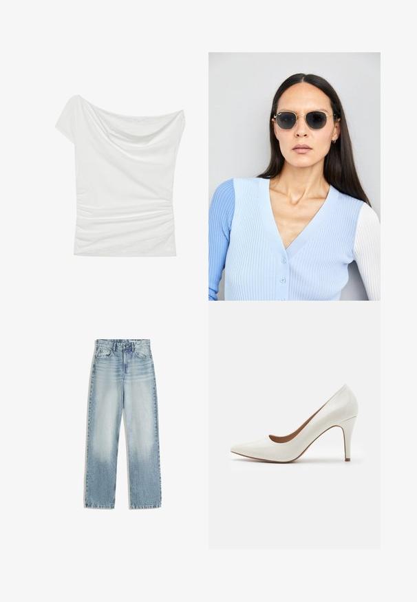 Valkoinen olkaimeton paita, joka on valmistettu pehmeästä kankaasta. Tässä paidassa on drapeerattu kaula-aukko ja rypytetty sivuyksityiskohta, sekä teksturoitu pitsikoriste helmaresorissa.; Vaaleansiniset farkut, korkeavyötäröiset, suoranlahkeiset. Ominaisuuksiin kuuluu klassinen viisi taskua -muotoilu ja huomaamaton haalistuminen edessä.; Valkoinen lakaistettu korkeakorkoinen kenkä, jossa on terävä kärki ja sileä pinta, hennolla korolla ja matalalla leikkauksella avauksessa.; Pyöreät aurinkolasit, joissa on tummat linssit ja kultaiset kehykset. Mallilla on päällään vaaleansininen, ribatusta materiaalista valmistettu neuletakki, jossa on napit ja kontrastiväriset valkoiset hihat.; Michael Kors kääröbeige pinnoitettua kangasta, jossa on toistuva MK-logo -kuvio, kultaiset yksityiskohdat ja irrotettava ketjuhihna.; Kolme muovista hiusklipsiä pastelliväreissä: vaaleanpunainen, keltainen ja sininen, kukkalehden muotoisia, joissa on jousimekanismi ja kiiltävä pinta.