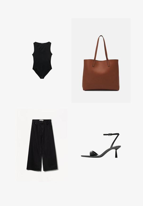 Črn bodi z globokim V-izrezom, brez rokavov, mehkega materiala in z gumbom za zapiranje na dnu. Gladka tekstura, prilegajoča se oblika.; Bershka WIDE-LEG - Široke hlačnice - black; Bershka Sandali z visoko peto - black; Rjava usnjena torba z gladko teksturo, odprto zasnovo zgoraj in dvema naramnima trakovoma. Opremljena je z minimalnim šivanjem in brez vidnih kovinskih delov.