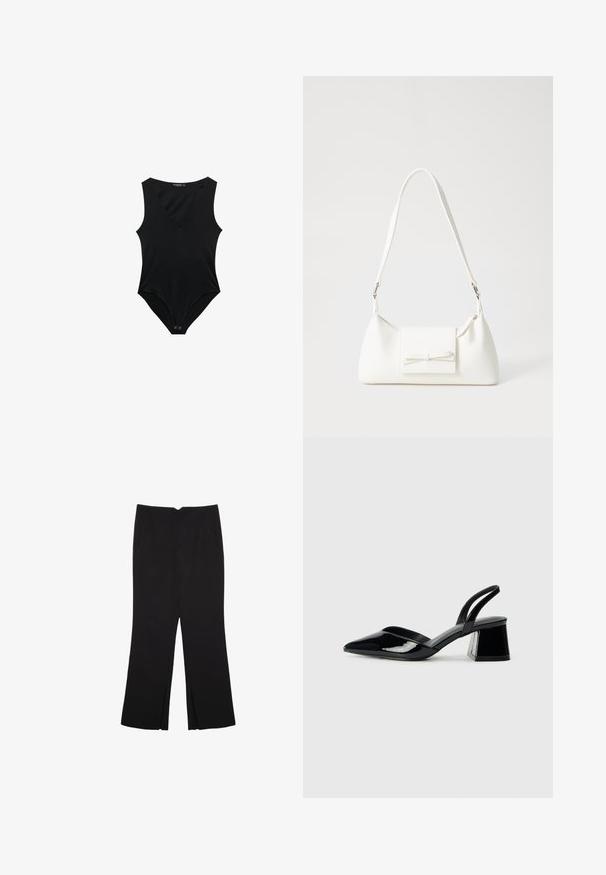 Zwart bodysuit met een diepe V-hals, mouwloos ontwerp, zachte stof en drukknoopsluiting aan de onderkant. Glad textuur, nauwsluitende pasvorm.; Zwarte broek met een rechte pasvorm, voorzien van zijzakken en plooien aan de onderzijde. Gemaakt van zachte, gladde stof. Geschikt voor verschillende gelegenheden.; Zwarte gepatineerde leren slingback hakken met een spitse neus en een geometrische blokhak. Kenmerkt zich door een slank, minimalistisch ontwerp en een gladde textuur.; Witte synthetische handtas met een driehoekige vorm, platte voorklep en strikdetail, verstelbare schouderriem, gladde textuur en minimalistisch ontwerp.