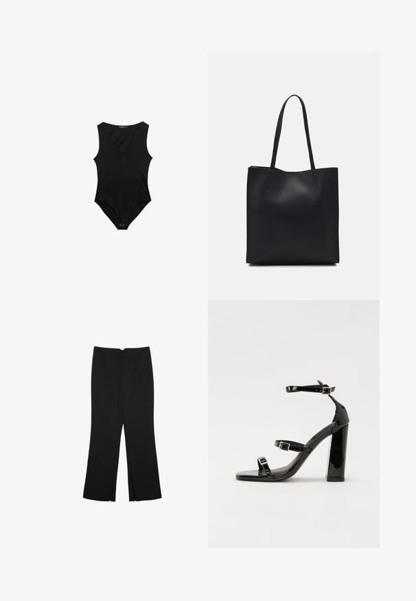 Sort bodysuit med dyb V-udskæring, uden ærmer, blødt stof og trykknaplukning i bunden. Glat tekstur, tætsiddende pasform.; Sorte bukser med lige pasform, der har frontlommer og slidser i kanten. Lavet af blødt, glat stof. Velegnet til forskellige anledninger.; Sorte patenterede hælsandaler med firkantet tå, ankelremme og sølvspænder. Har en chunky blokHæl for stabilitet.; Sort læder tote taske med glat tekstur, rektangulær form og to lange hanke. Ingen synlig hardware eller udsmykninger.