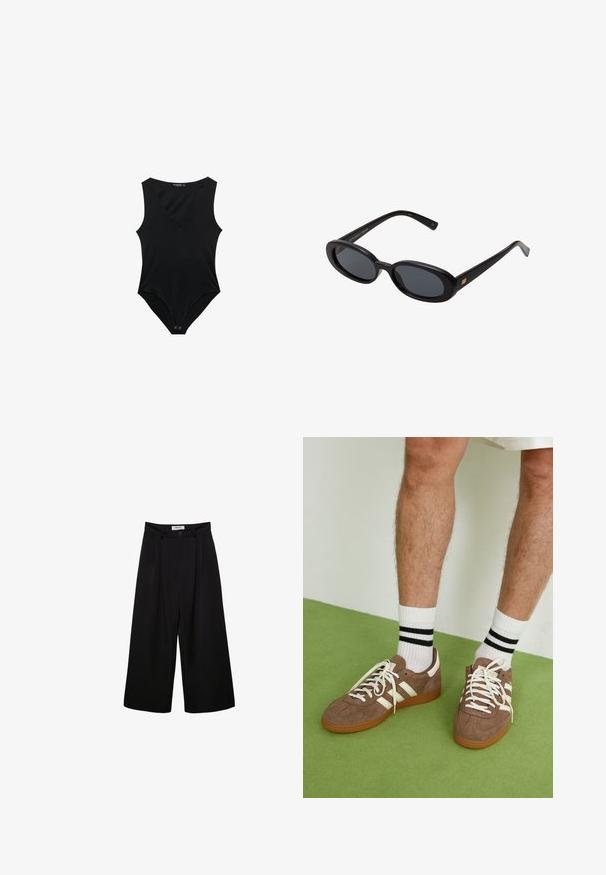 Crni kombinezon s dubokim V-izrezom, bez rukava, od mekog materijala, s zatvaranjem na dugmad na dnu. Glatka tekstura, oblik koji se prati.; Crne široke hlače s visokim strukom, nabranim prednjim dijelom i kopčanjem na dugme. Izrađene su od glatkog materijala s krojenim dizajnom.; Smeđe nubuk tenisice s bijelim detaljima i vezicama. Gumeni potplat. Nosene s bijelim čarapama s crnim prugama. Zeleno teksturirano pod.; Crne velike sunčane naočale s ovalnim staklima, glatkim plastičnim okvirom i zlatnim detaljima na sljepočnicama. Tamna stakla pružaju zaštitu od sunca.; Roza torbica s pletenom drškom na vrhu, srebrnim detaljima, prednjim džepom s patentnim zatvaračem i dugim resicama sa strana; teksturirani materijal od umjetne kože.