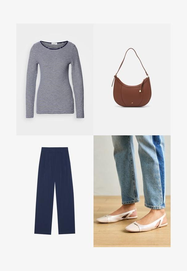 Top de manga longa às riscas azul-marinho e brancas, com decote redondo, tecido suave, design ajustado, riscas horizontais uniformes e sem hardware ou detalhes visíveis.; Calças largas azul-marinho feitas de um tecido suave, com plissados frontais, uma textura lisa e um corte recto sem bolsos visíveis.; Sapatilhas slingback de cor rosa pálido com bico fino, feitas de um material semelhante a couro liso. Apresentam detalhes recortados nas laterais e um salto plano.; Mala de ombro em pele sintética castanha com forma curva, costura minimalista e detalhe em metal dourado. Apresenta fecho de zíper no topo e alça ajustável.