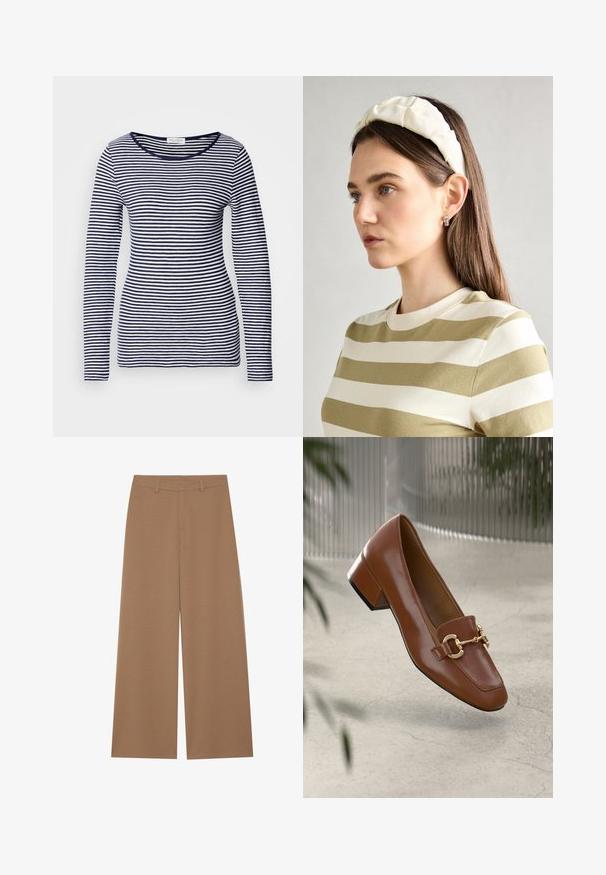 Μπλούζα μακρυμάνικη με ναυτικές και άσπρες ρίγες, στρογγυλή λαιμόκοψη, μαλακό ύφασμα, εφαρμοστή γραμμή, ομοιόμορφες οριζόντιες ρίγες και χωρίς ορατά αξεσουάρ ή λεπτομέρειες.; Πλατιά παντελόνια σε ενιαίο καφέ χρώμα, φτιαγμένα από υφή υφάσματος; διαθέτουν ψηλή μέση και δομημένο σχέδιο με θηλιές για ζώνη.; Καφέ πατέντο δερμάτινα loafers με τετράγωνη μύτη, μεταλλική αλυσίδα ως διακόσμηση και χαμηλό μπλοκ τακούνι; λεία υφή, μινιμαλιστικός σχεδιασμός.; Κρεμ λαστιχένια κορδέλα με πλεγμένο σχέδιο, συνδυασμένη με μπλούζα σε μπεζ και λευκές ρίγες που διαθέτει στρογγυλή λαιμόκοψη. Διακριτικά αξεσουάρ κοσμημάτων.