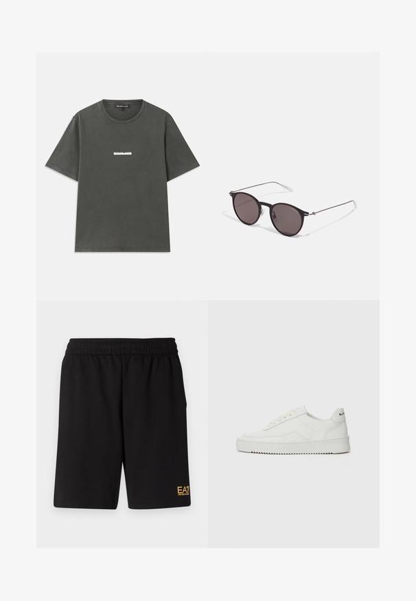 Šedé bavlněné tričko s krátkými rukávy, kulatým výstřihem a bílým logem tištěným na hrudi. Hladká textura s ležérním designem.; Černé sportovní šortky vyrobené z měkké látky, s elastickým pasem a malým žlutým logem EA7 na dolní části levé nohy.; Bílé kožené tenisky s hladkým povrchem, kulatou špičkou, plochými tkaničkami a texturovanou podrážkou. Na patě se nachází nenápadné logo.; Černé kulaté sluneční brýle s tmavými skly a tenkými kovovými nohami. Obsahují průhledné koncovky nožiček a stříbrné akcenty na pantu. Minimalistický design.