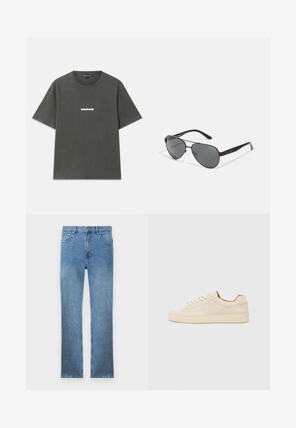 Grå bomulls t-skjorte med korte ermer, rund hals og en hvit logo trykket på brystet. Glatt tekstur med et uformelt design.; Lyseblå denimjeans med rett snitt, fem lommer, glidelås og kontraststing. Stoffet har en glatt, strukturert overflate.; Beige semsket sportssko med lav topp, rund tå, flate lisser og en teksturert gummisåle. Minimalistisk stil uten synlige logoer.; Svarte pilotbriller med mørke linser, tynn metallramme og slanke plastarmer med logo aksenter.