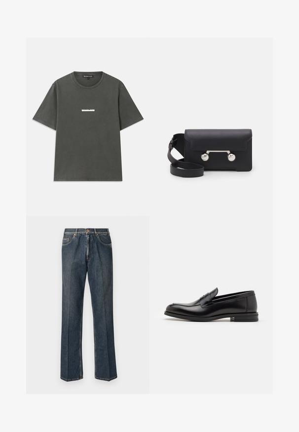 Gray cotton t-shirt with short sleeves, round neckline, and a white logo printed on the chest. Smooth texture with a casual design.; Dark blue straight-leg denim jeans with front button, zip fly, double front pockets, and visible vertical creases down the legs.; Black leather loafers with a smooth texture, rounded toe, and a decorative strap across the vamp. Low stacked heel, minimalist design.; Black leather crossbody bag with a flap closure, silver-tone hardware, and two round accents. Features a detachable strap. Smooth texture.