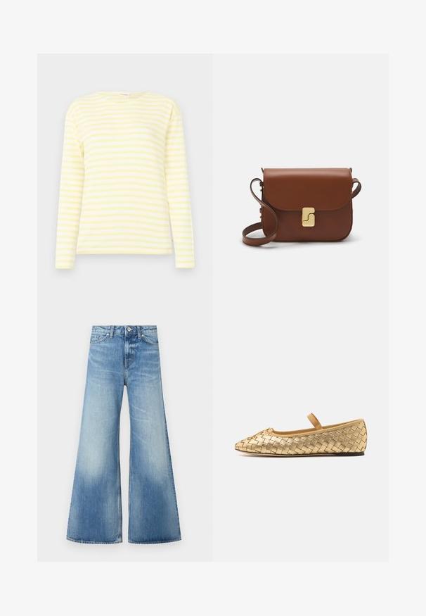 Langärmliges gestreiftes Hemd in Hellgelb und Weiß. Hergestellt aus weichem Stoff mit lässiger Passform und Rundhalsausschnitt. Horizontale Streifen über das gesamte Hemd.; Helle blaue Schlagjeans mit hoher Taille, Fünf-Taschen-Design, subtiler Ausbleichung und aufgenähtem Markenlogo über der Gesäßtasche.; Loeffler Randall LEONIE SOFT BALLET FLAT - Riemchenballerina - gold; Braune Ledertasche mit Klappenverschluss, Beschlägen in Goldfarbe, einem Schultergurt und einer glatten Oberfläche. Kompakte rechteckige Form.