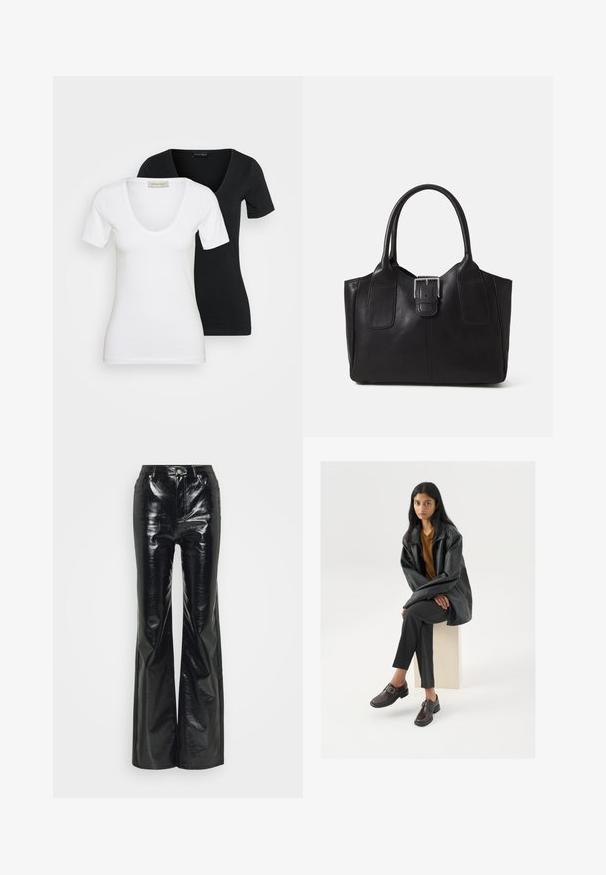 Dve prilegače majice s kratkimi rokavi in V-izrezom, ena spredaj bela in ena zadaj črna, prikazane na enostavni svetli podlagi.; Črne usnjene hlače s širokimi nogavicami in sijajno površino, z visokim pasom, sprednjimi žepi in srebrnimi okrasnimi elementi.; Črna usnjena prevelika jakna, oranžna majica, sivo krojena hlače in rjavi čevlji z zaponko, sedeč na svetlem bloku pred belo ozadjem.; Črna usnjena torba s gladko teksturo, strukturirano obliko, dvema ročkama in izrazitim srebrnim sponko na sprednji strani.