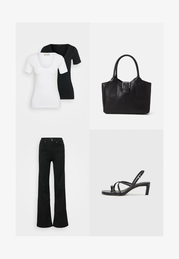 Două tricouri cu mânecă scurtă și decolteu în V, unul alb în față și unul negru în spate, expuse pe un fundal simplu și deschis la culoare.; Jeans negri evazați din denim, cu talie înaltă, cinci buzunare și închidere cu nasture metalic. Textură netedă, cu detalii minime.; Sandal cu barete negre, cu vârf pătrat și toc mic de bloc. Prezintă mai multe barete subțiri și o bareta ajustabilă la gleznă. Fabricat din piele netedă.; Geantă tote din piele neagră cu textură netedă, formă structurată, două mânere și un detaliu proeminent din aliaj de argint pe partea din față.