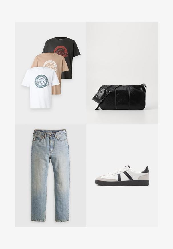Tre T-shirts: en hvid, en beige, en mørkegrå. Hver har et rundt logo-design med tekst i kontrastfarver og en rund halsudskæring.; Lysblå denim jeans med høj talje, frontknap, lynlås og fem-lomme design, lagt fladt på en neutral baggrund.; Hvide sneakers med sorte og grå detaljer, med en tekstureret grå tåhætte, sort gummisål og flade hvide snørebånd. Rent design, minimalistisk stil.; Sort læder skuldertaske med lynlås, der har en tekstureret overflade, hvid syning og en rem med sølvøskner.