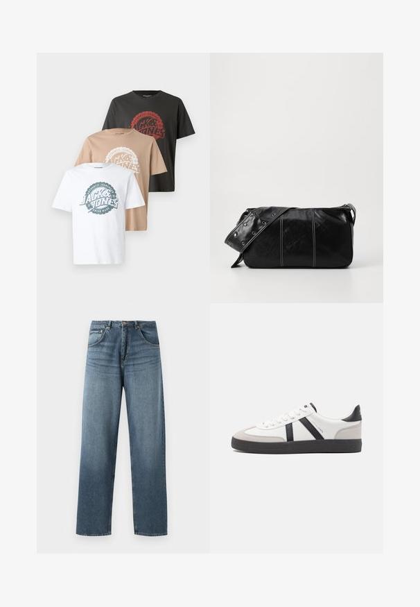 Trys marškiniai: vieni balti, vieni kreminiai, vieni tamsiai pilki. Kiekvienas turi apvalų logotipą su tekstu kontrastingomis spalvomis ir apvaliu iškirpimu.; Tiesi blue džinsai su tiesiomis kojomis, turintys nublukusią apdailą, su penkių kišenių dizainu, metaline saga ir diržo kilpomis. Tvirto vidutinio svorio audinys.; Balti sportbačiai su juodais ir pilkais akcentais, pasižymintys tekstūruotu pilku pirštų dangteliu, juoda gumine padais ir plokščiomis baltomis raišteliais. Švarus dizainas, minimalistinis stilius.; Juodas odinis pečių krepšys su užtrauktuku, turintis tekstūruotą paviršių, baltą siuvinėjimą ir dirželį su sidabinėmis metalinėmis detalėmis.