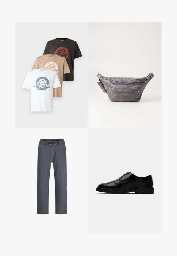 Tri majice: ena bela, ena bež, ena temno siva. Vsaka ima krožno obliko logotipa z besedilom v kontrastnih barvah in okroglo ovratnico.; Sive, elastične hlače z gumico in vezalko. Ravnina noge, izdelane iz gladkega materiala, imajo minimalne šive in brez vidne strojne opreme.; Črne usnjene oblečne čevlje z gladko površino, okroglim nosom, zavezovanjem in diskretnim gumijastim podplatom za oprijem.; Sivkasta zamšasta torbica s okroglo obliko, dvema žepoma na zadrgo in nastavljivim trakom. Ima kovinske dodatke.