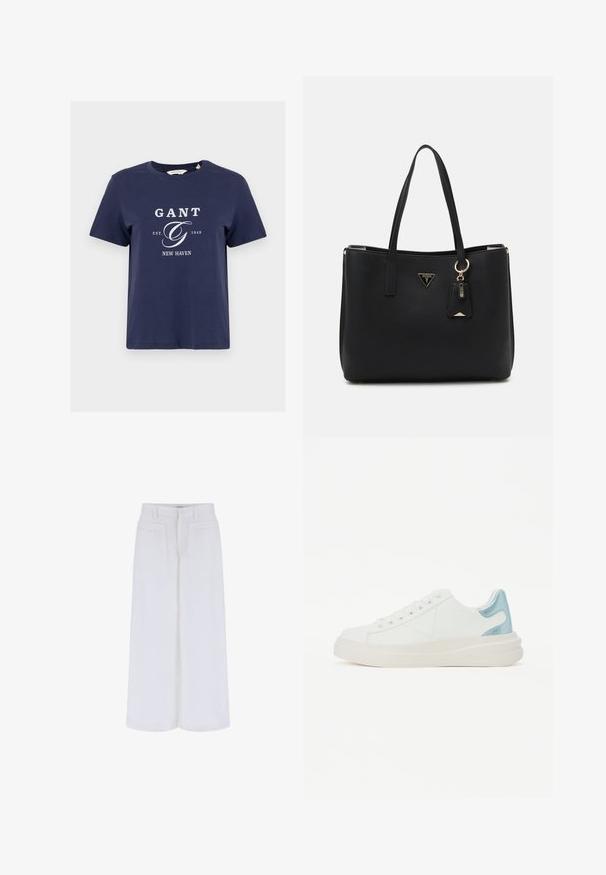 Tummansininen puuvillapaita, pyöreä pääntie, lyhyet hihat, jossa valkoinen graafinen logo, jossa lukee "GANT", "EST. 1949" ja "NEW HAVEN."; Valkoiset leveälahkeiset housut, joissa on sileä pinta, kahdella etutaskulla ja nappisuljennalla, suunniteltu rentoa istuvuutta varten.; Valkoiset lenkkarit, joissa on sileä nahkapinta, kevyesti sininen kiiltävä yksityiskohta kantapäässä ja paksu valkoinen pohja.; Musta olkalaukku, joka on valmistettu teksturoidusta synteettisestä materiaalista, jossa on kaksi kantokahvaa, kultainen logo-plaaketti ja pieni tagi, jossa on korostusyksityiskohta.